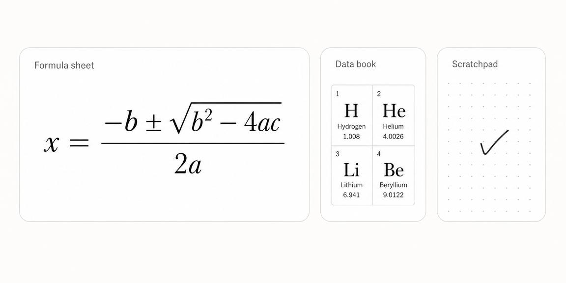 Exam toolkit with calculator, formula sheet, data booklet and scratchpad